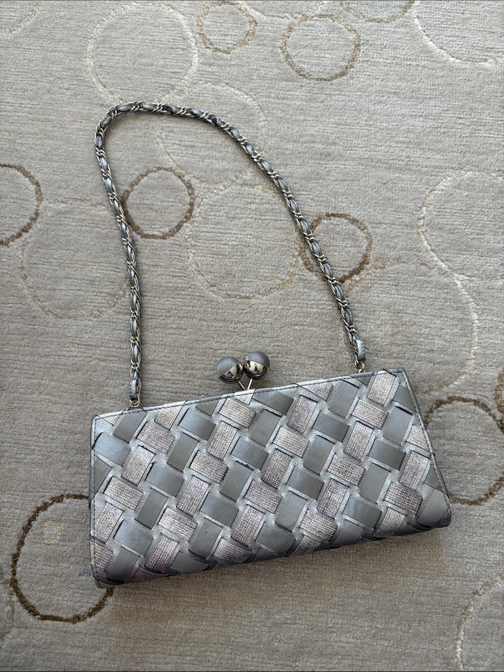 Woven Metallic Silver Mini Shoulder Bag with Chain Strap
